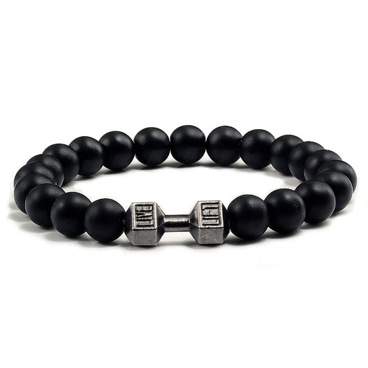 Pulseira de pedra vulcânica natural masculina, preto fosco, contas brancas, pingente de halteres, pulseiras femininas, joias fitness