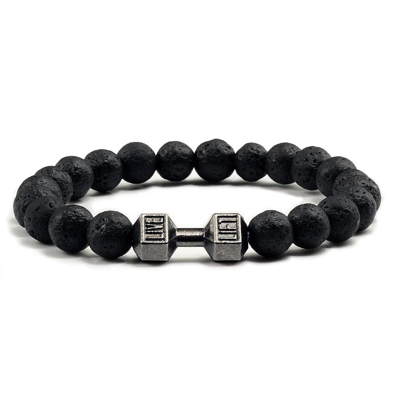 Pulseira de pedra vulcânica natural masculina, preto fosco, contas brancas, pingente de halteres, pulseiras femininas, joias fitness